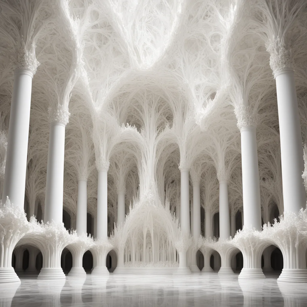 an alien cathedral made entirely of gigantic white seashell shapes cross section intricate alien architecture inspired b