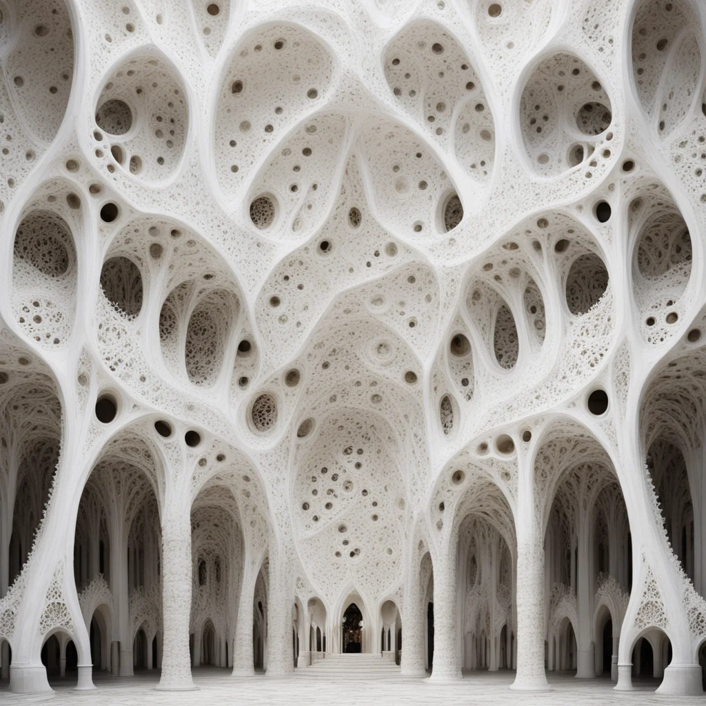 an alien cathedral made entirely of gigantic white seashell shapes holes intricate alien architecture inspired by gaudi 