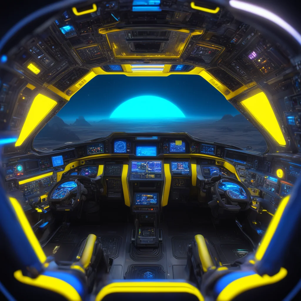an alien cockpit spaceship an alien commander moons colorful blue and yellow 8k octane render photorealistic ar 75 uplig