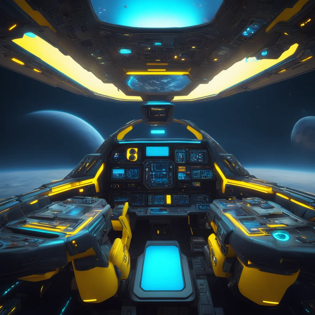 an alien cockpit spaceship an alien commander moons colorful blue and yellow 8k octane render photorealistic ar 75