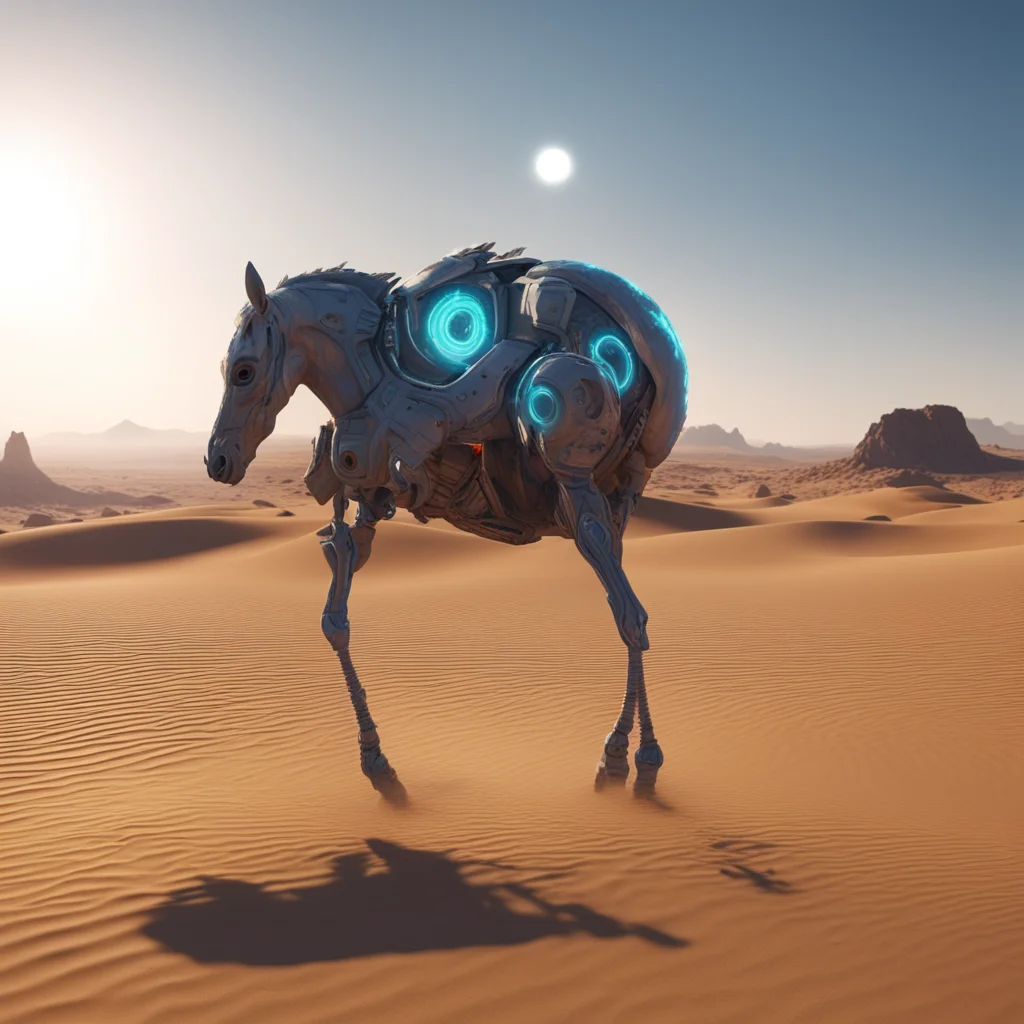an alien horse with a laser circle all around walking on a desert land unreal engine 8k render