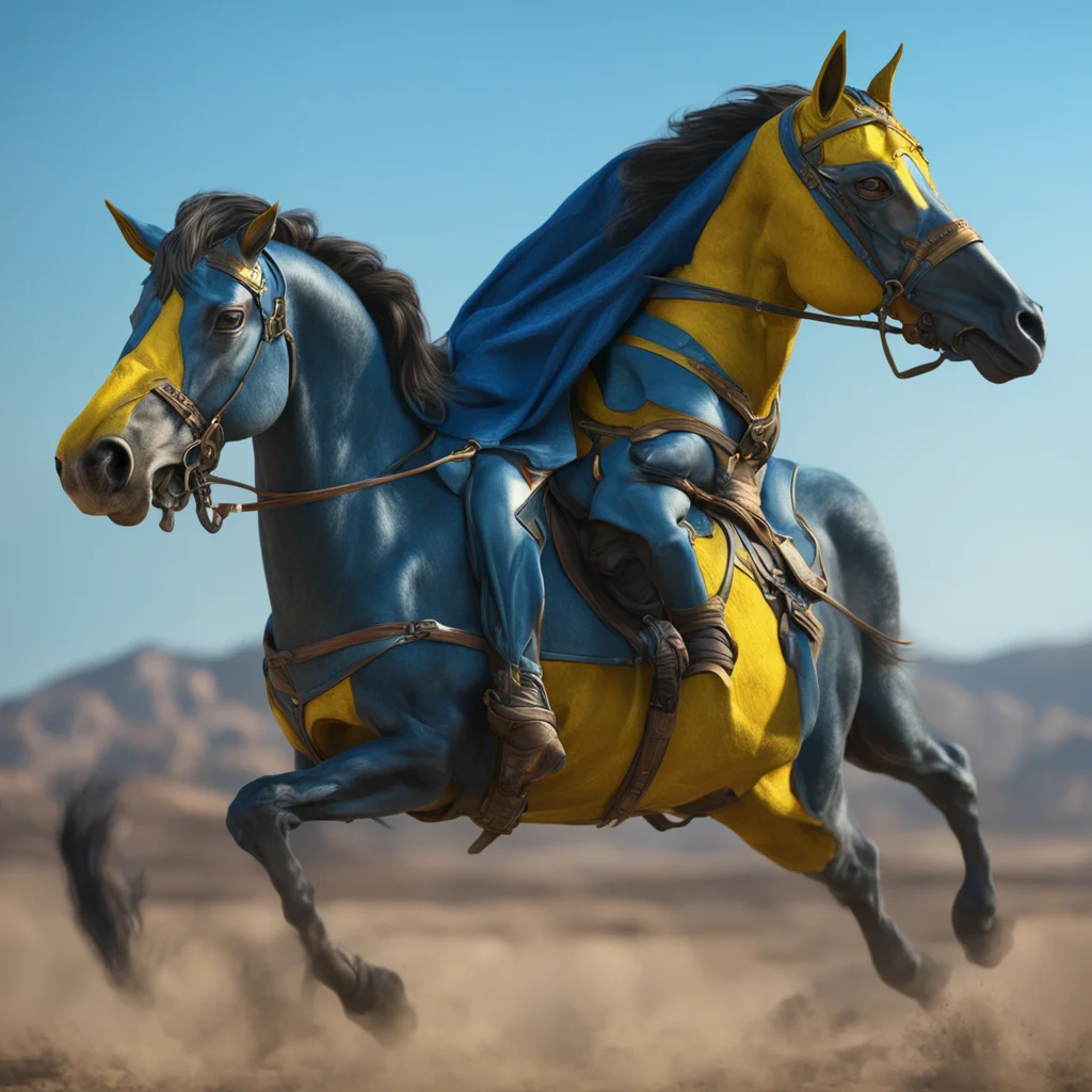 an alien with a cape riding a horse blue and yellow hyper realistic hyper detailed octane render 8k ar 75