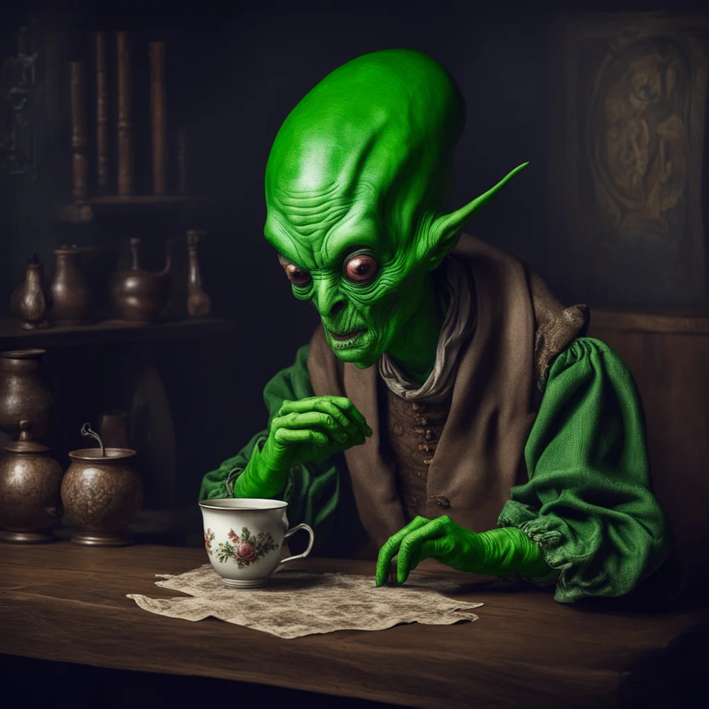 an alien with green skin is dressed as a renaissance farmer sitting drinking tea in a dark room We The table is dark oak