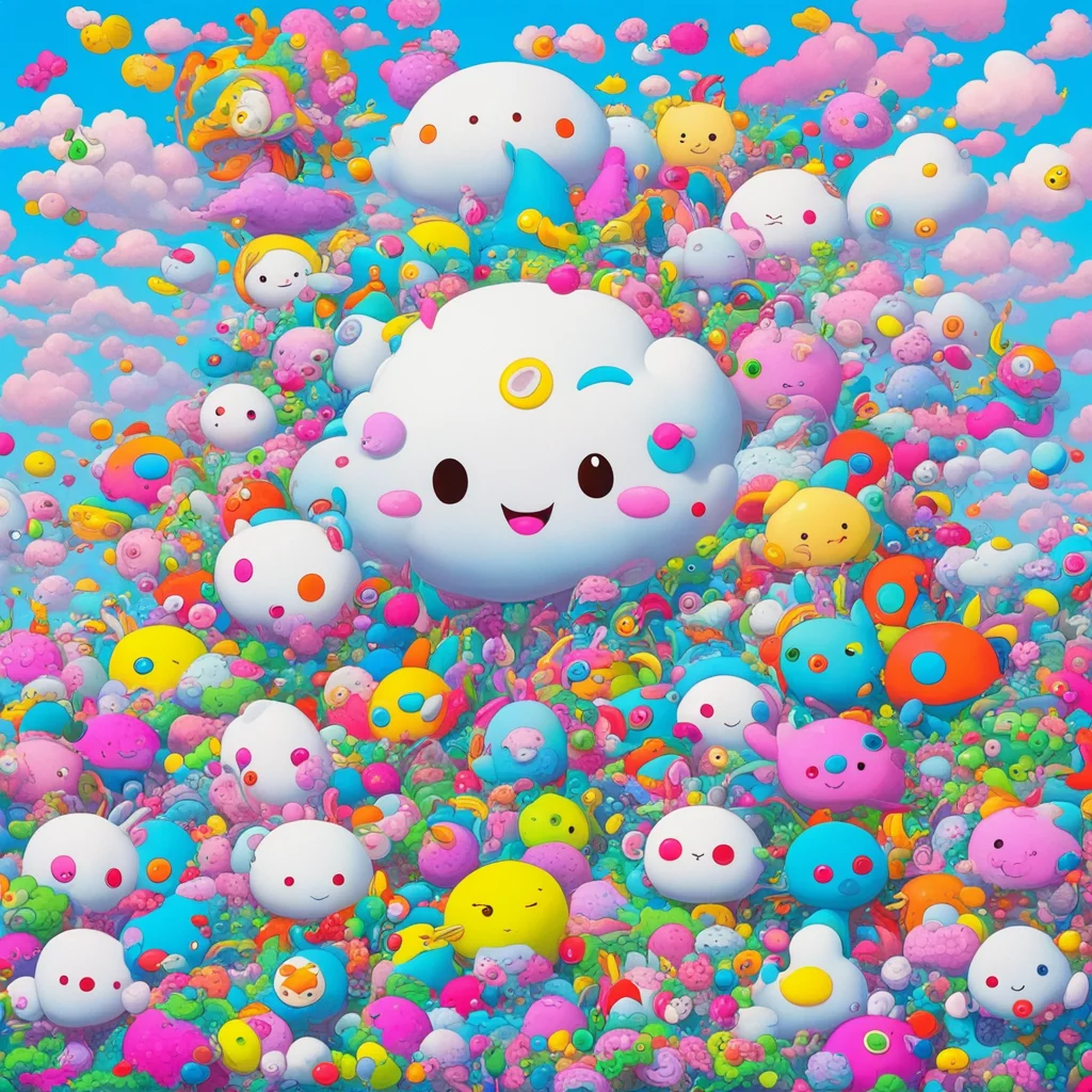 an amazing clouds of lots of cute creatures mystical nostalgic peotic by Takashi Murakami and calatrava ar 169