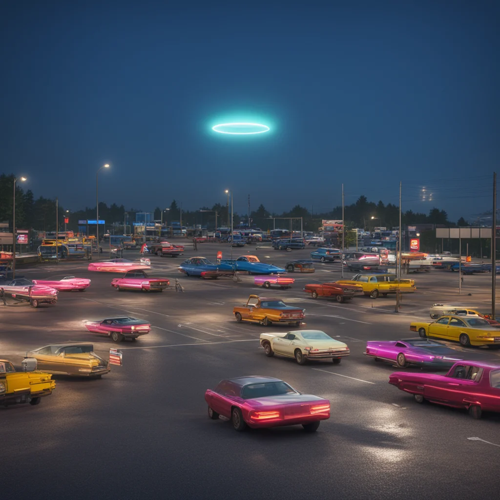 an american shopping mall carpark ufo in the sky night time trucks cars fast food street signs in the style of Gregory c