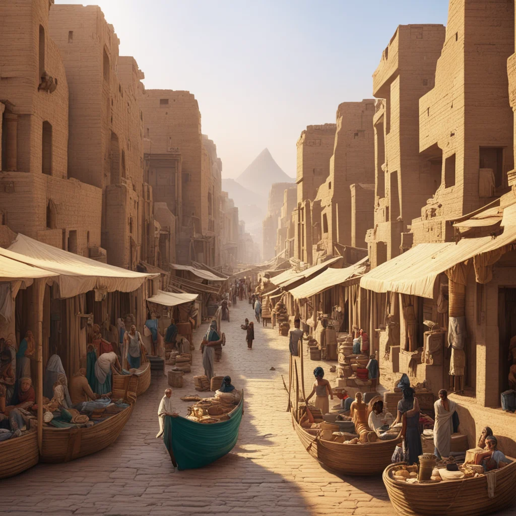 an ancient Egyptian city with lots of people in a market street between the temples on the bank of the Nile with sailing