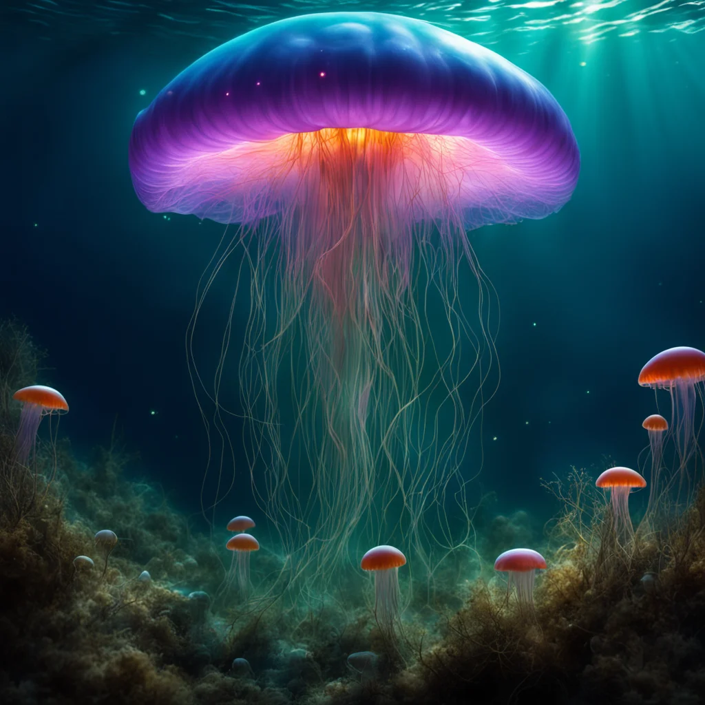 an ancient and mystical jelly fish filled with powerful arcane magic a complex scene with thousands of small worshiping 