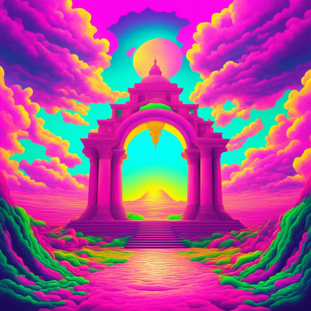 an ancient psychedelic temple landscape with optical illusion skies hyper real colors psychdelic twists waves landscape 