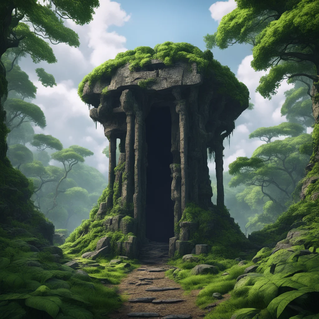 an ancient vault entrance made of black Iron stone on a floating island above the ground located in overgrown wooded for