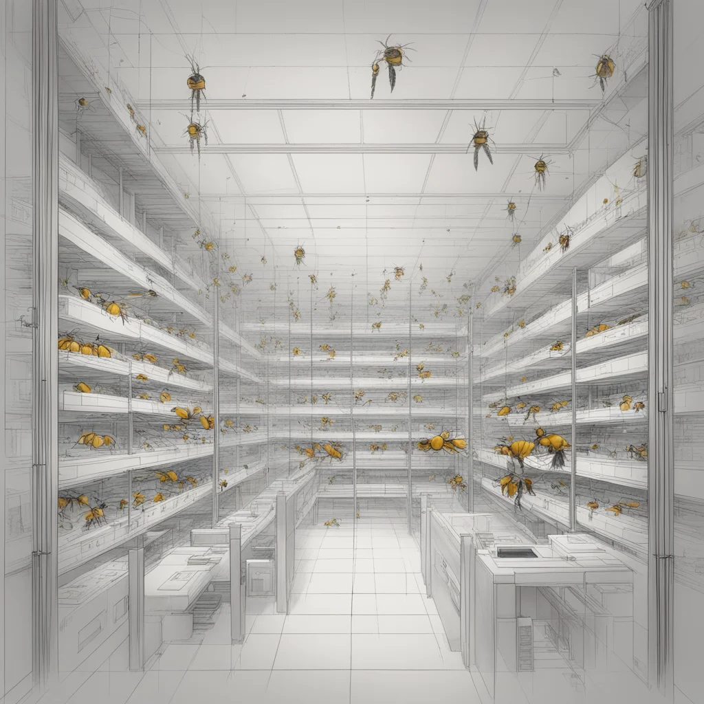 an architectural section through a data center occupied by computers bees and birds orthinographic drawing painterly