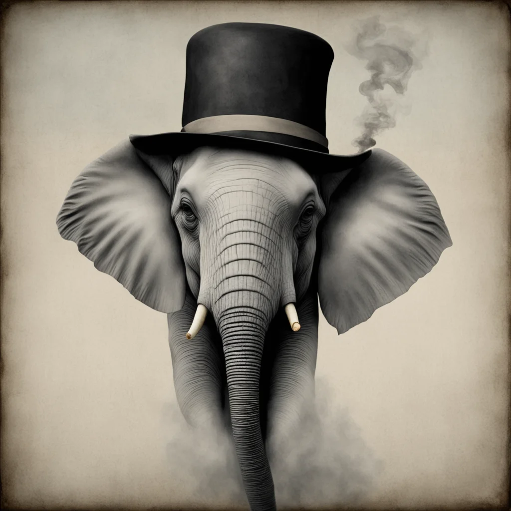 an elephant wearing a hat smoking a pipe Magritte style