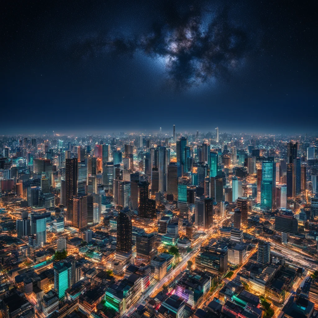 an epic detailed photograph of Bangkok during night with star filled sky real life hyper realism cinematic atmosphere ca