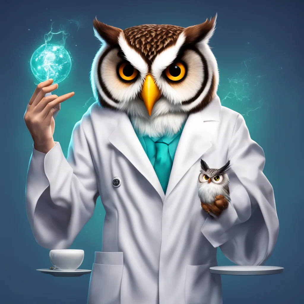 an epic owl scientist in a labcoat making a scientific breaktrough