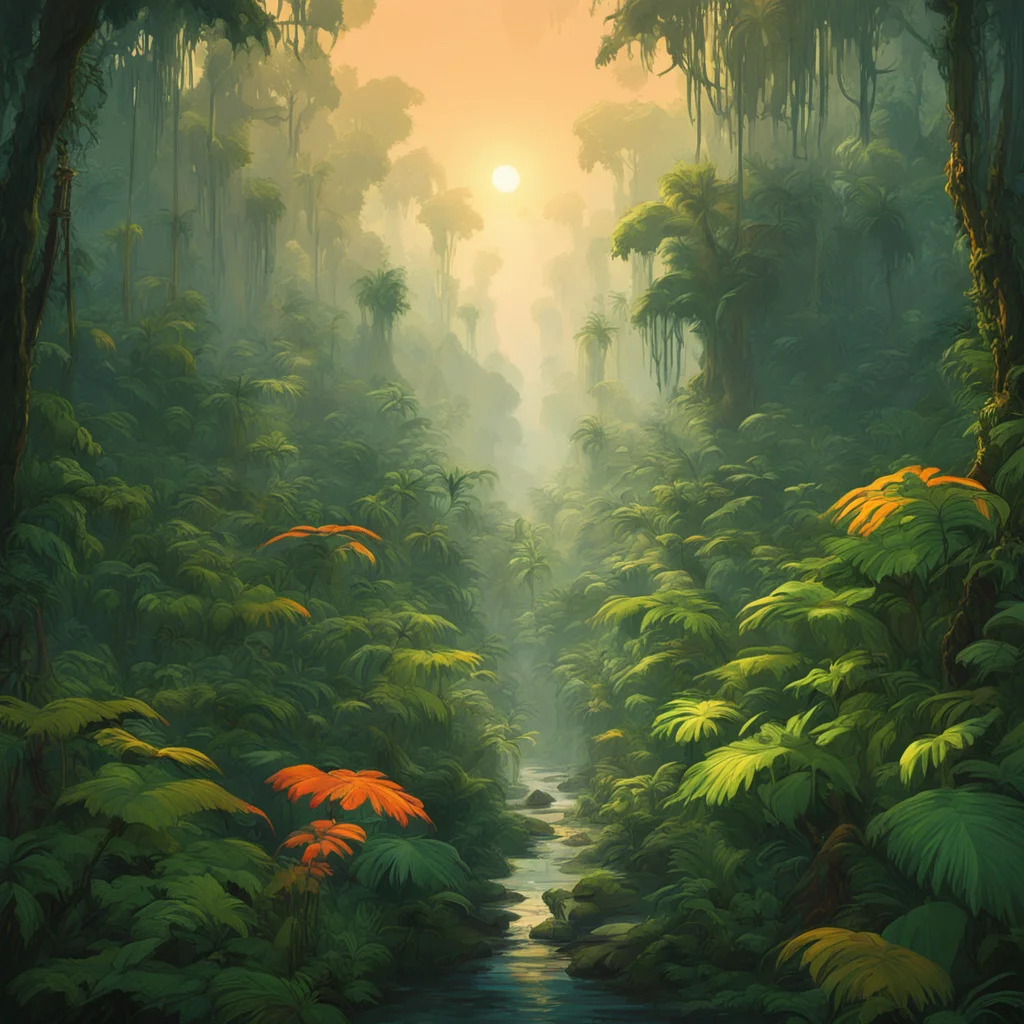 an expansive view of a jungle forest dense green orange yellow color scheme sunrise daytime bright warm trending on arts