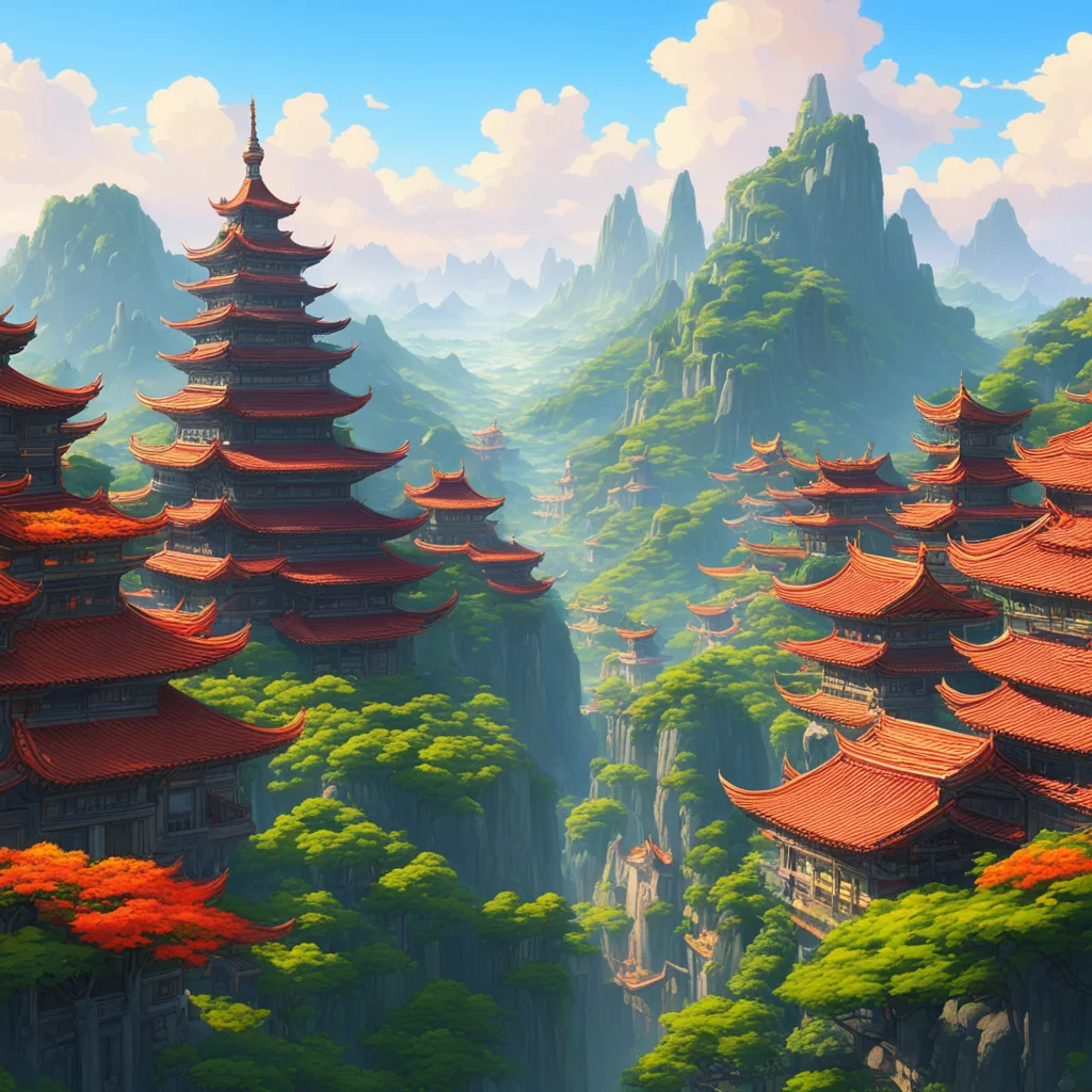 an expansive view of a vast verdant chinese sprawling ornate palace city towers templesgold white orange red color schem