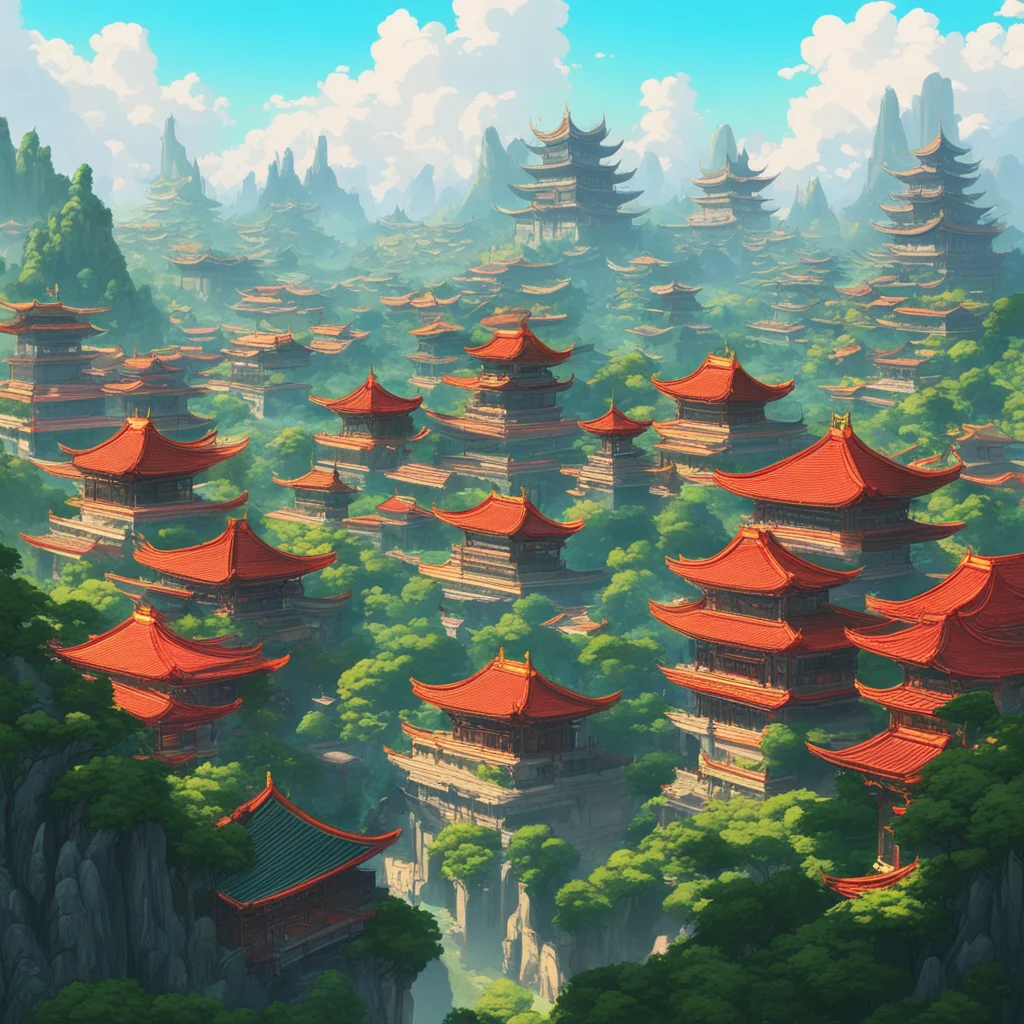 an expansive view of a vast verdant chinese sprawling ornate palaces fantasy city towers templesgold green white orange 