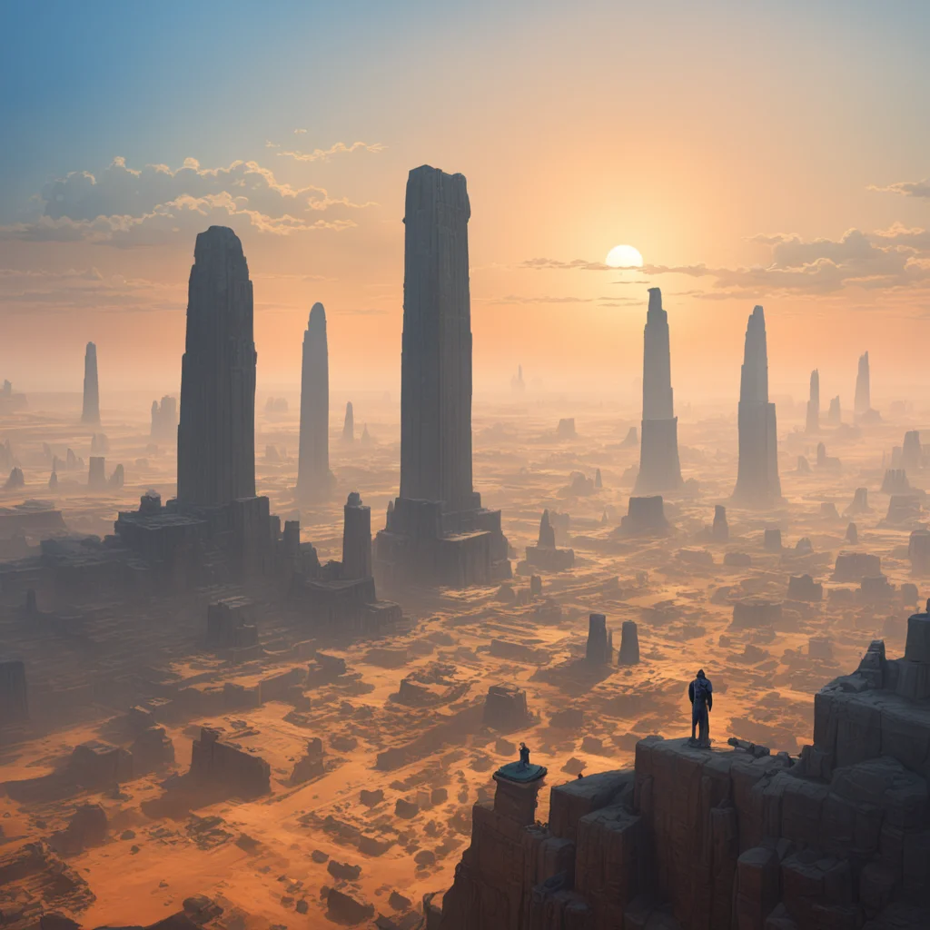 an expansive view of towering tribal fortress egyptian monoliths city savannah foggy sunrise gold orange white blue colo