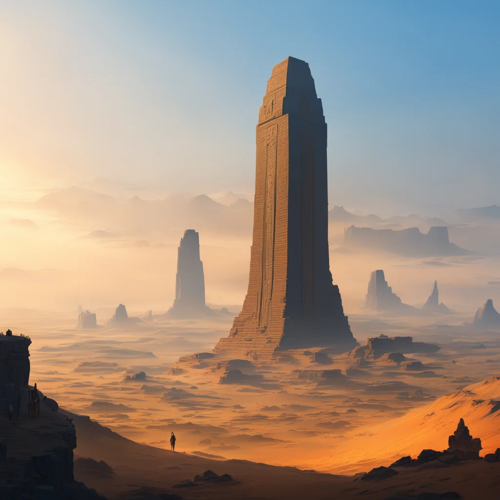 an expansive view of towering tribal fortress egyptian monoliths savannah foggy sunrise gold orange white blue color sch