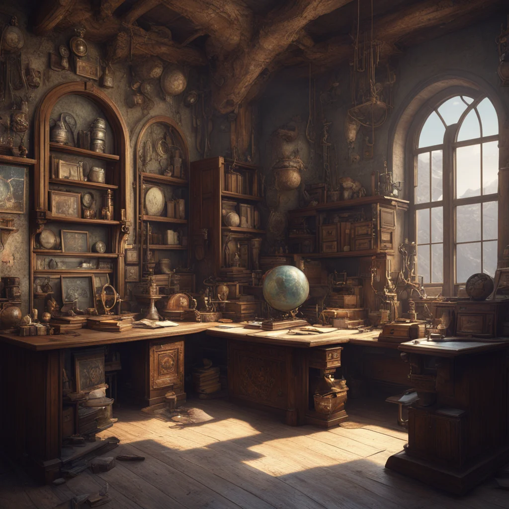 an explorer workshop interior study with a desk with many artefacts on display and trophies maps hanging on the walls an