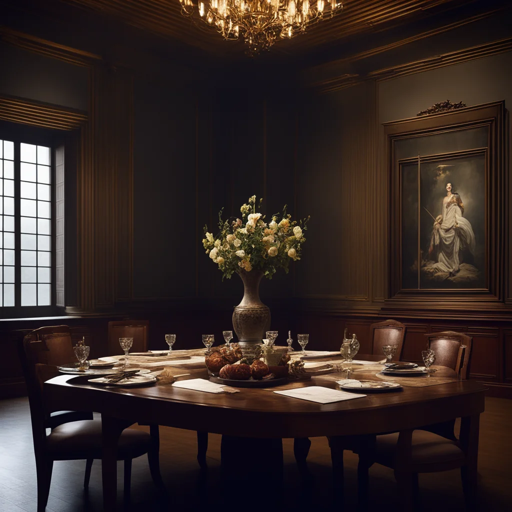 an impressive dark room with low key light several artifacts and vase arrange on a Walnut dinning table in the National 