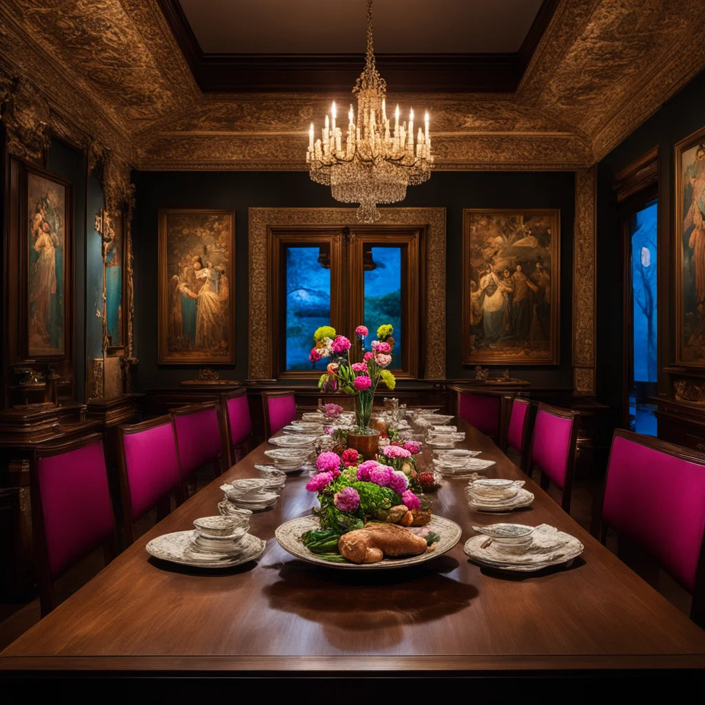 an impressive photo of dark room with low key light several colorful artifacts and vase arrange on a Walnut dinning tabl