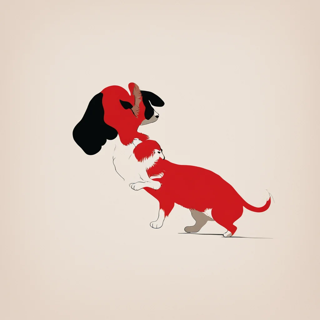 an minimalist abstract etched print of a brown and white cavalier king Charles puppy playing tug‐of war with a red merle