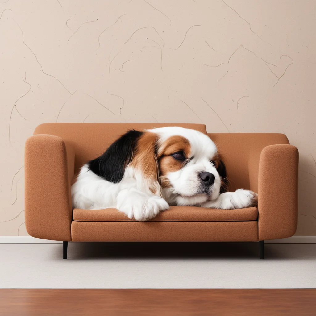 an minimalist abstract etched print of a brown and white cavalier king Charles puppy sleepingon a midcentury modern couc