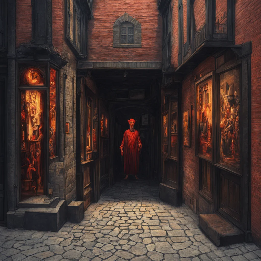 an occult street shop selling satanic magic flat view face on centered cobble street narrow Bryan Mark Taylor blocky oil