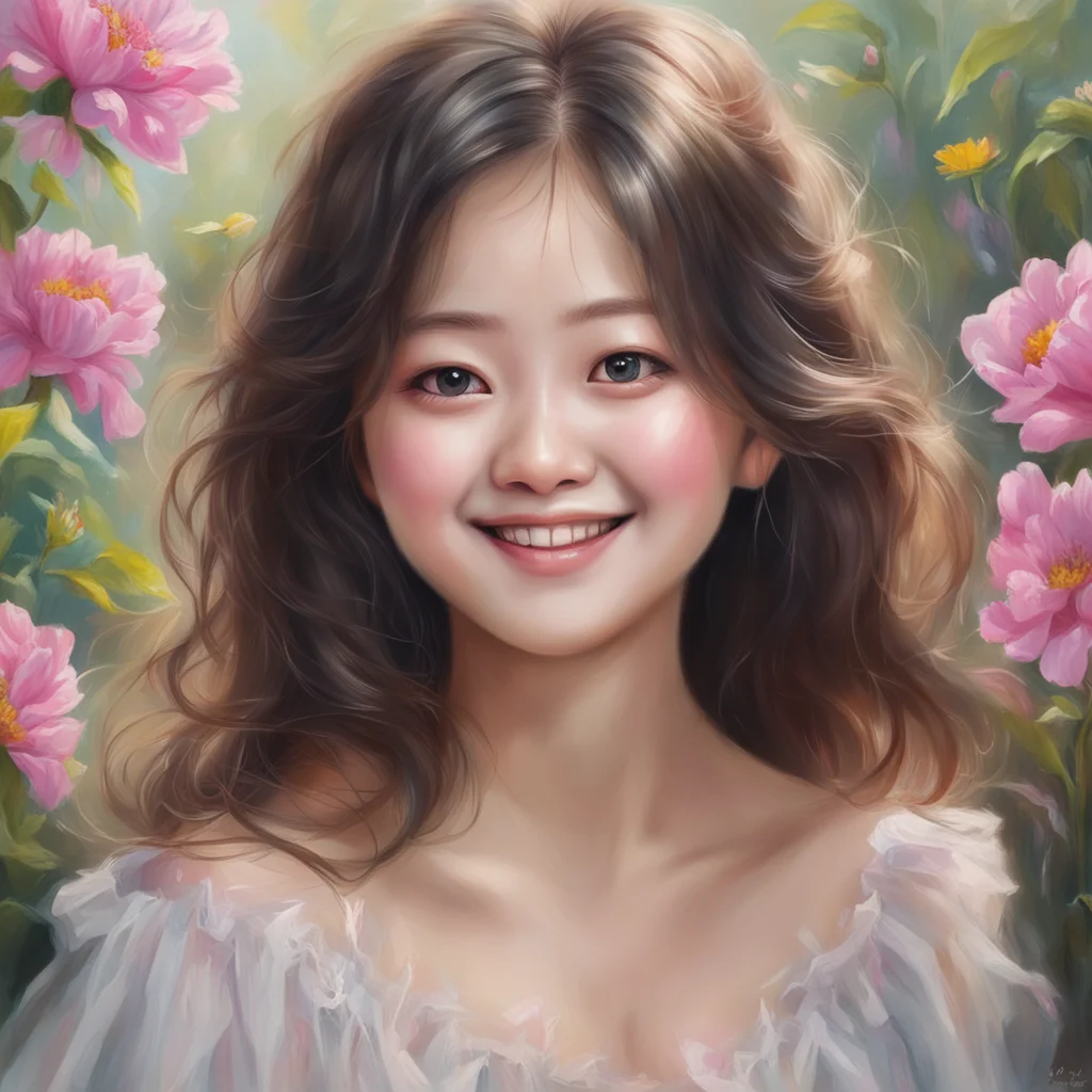 an oil painting by Ruan Jiatwice tzuyulaughinghappysmoky eyesfront facetulle bodyfull of sunlightmany flowerbeautiful yo