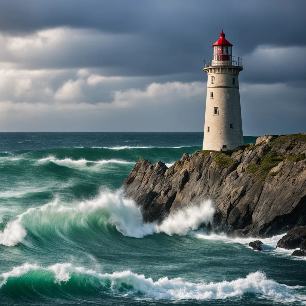 an old lighthouse at the edge of a rocky cliff with big ocean waves crashing in w 2048h 1152