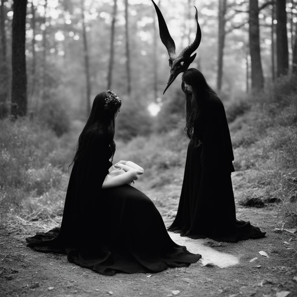an old photograph of a Wiccan goth girl summoning the demon Asmodeus so that the demon may dine on the heart of her ex l