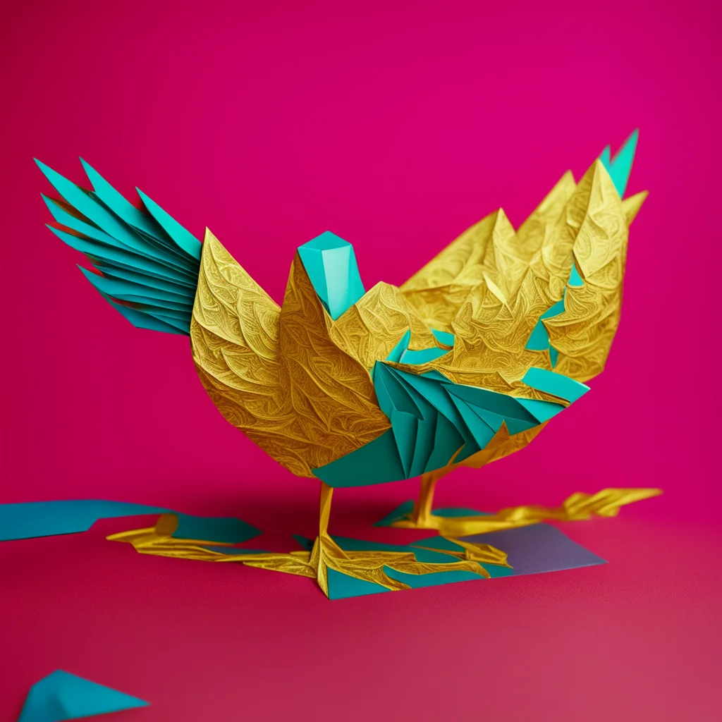 an origami swan folded from extremely ornate and detailed blue and gold paper on a red tabletop photo realistic ar 169