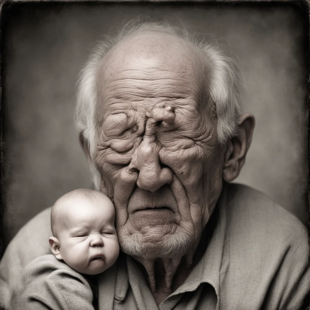 an ugly old man with the body of a baby bulbous nose grotty cysts crying hyper realism old photograph w 1000 h 2000