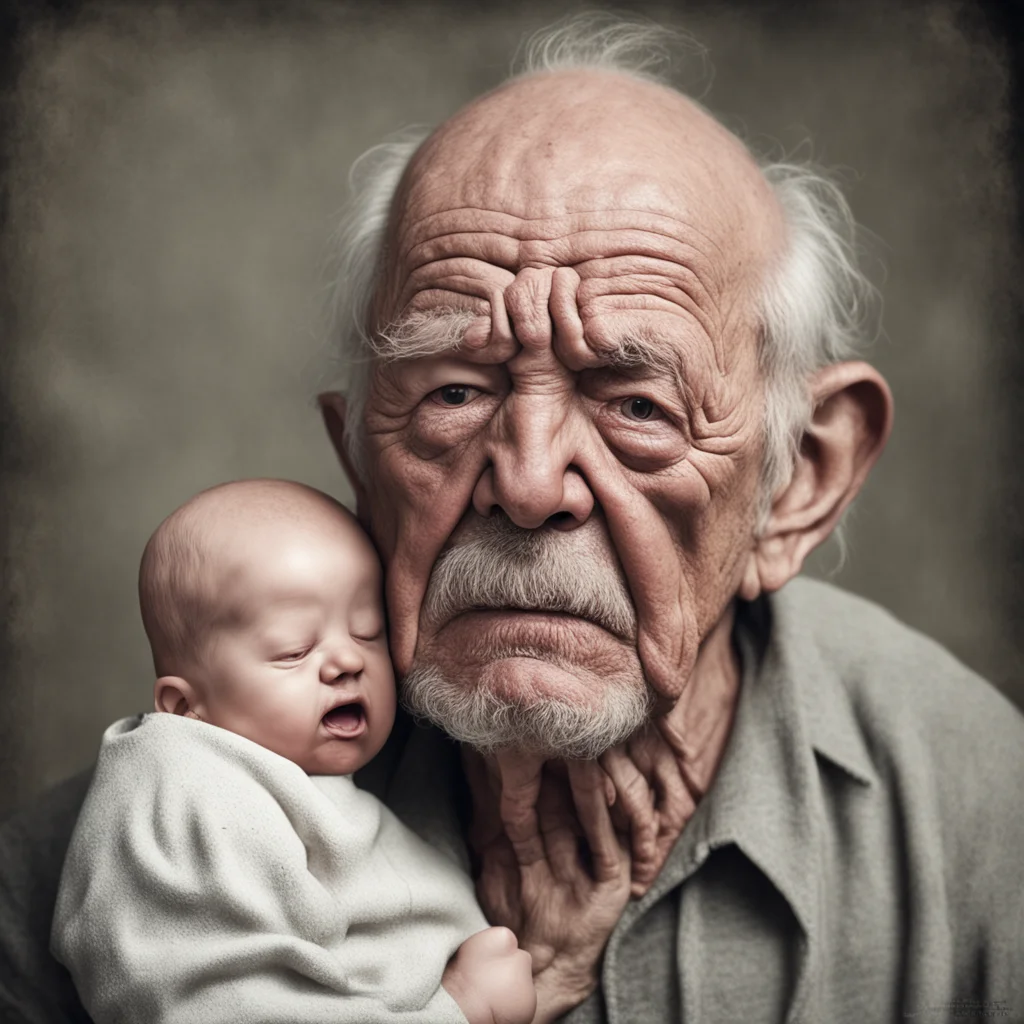 an ugly old man with the physique of a baby bulbous nose grotty cysts crying hyper realism old photograph h 2000 w 1000 