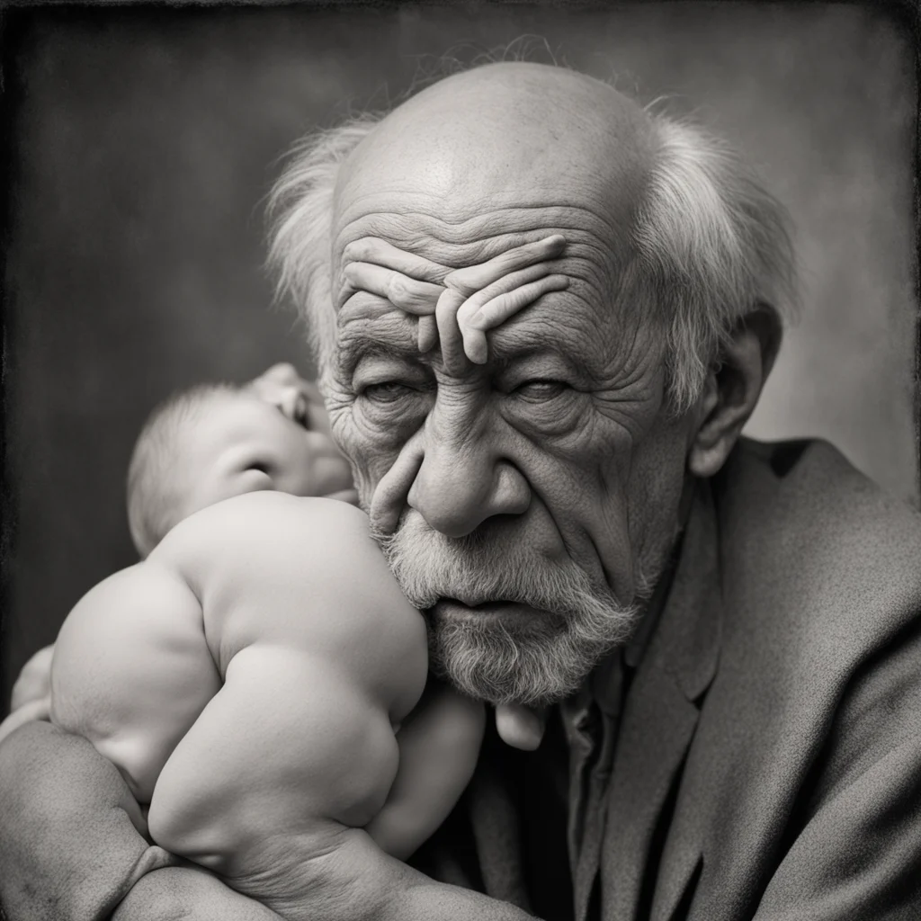 an ugly old man with the physique of a baby bulbous nose grotty cysts crying hyper realism old photograph w 1000 h 2000