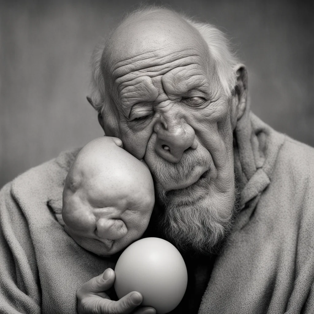 an ugly old man with the physique of a baby hatching from an egg bulbous nose grotty cysts crying hyper realism old phot