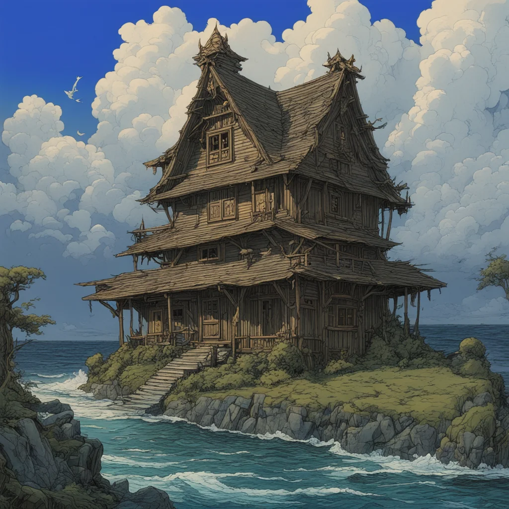 an unaccompanied tiny fantasy cabin sits on the island of storms by kingsglaive by bernie wrightson by sailor moon by ja