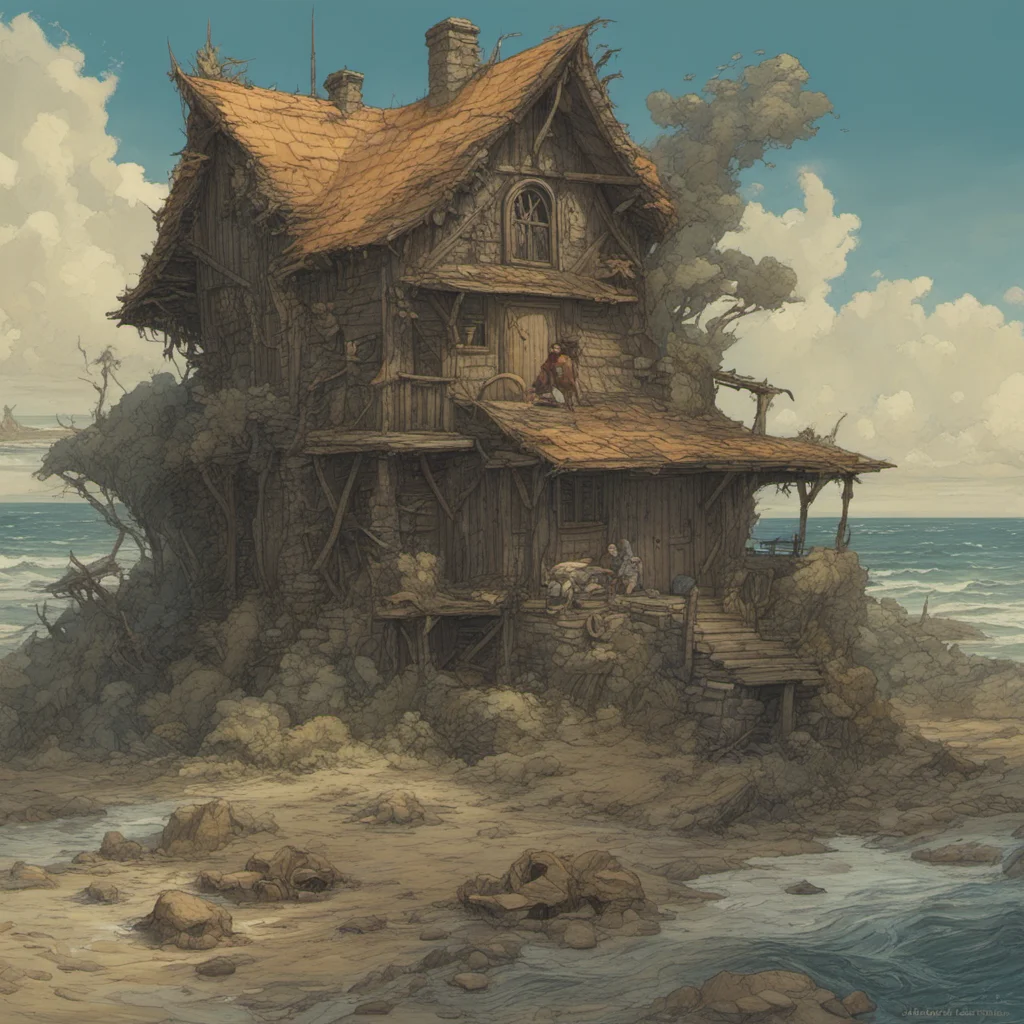 an unaccompanied tiny fantasy cabin sits on the island of storms by kingsglaive by bernie wrightson by sailor moon by james jean by craig mullins lp