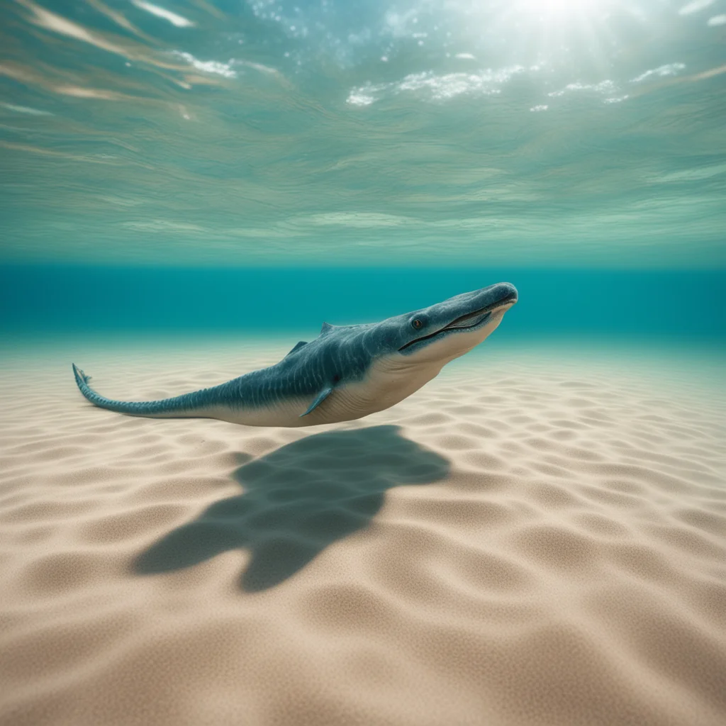 an underwater photo of a plesiosaur on a sandy beach on a sunny day HD photorealistic unreal engine 5 4k post processing