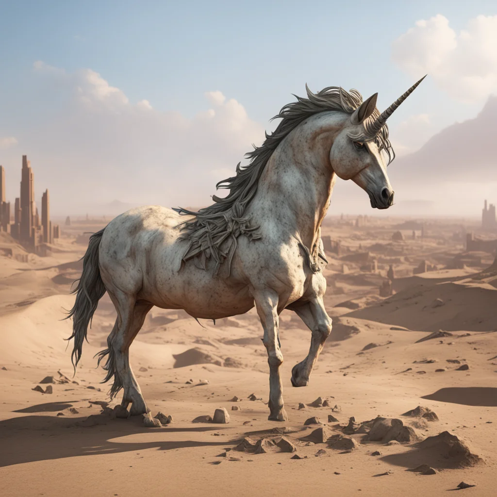 an unicorn fossil burried in a apocaliptic city in a desert octane render artstation ar 31