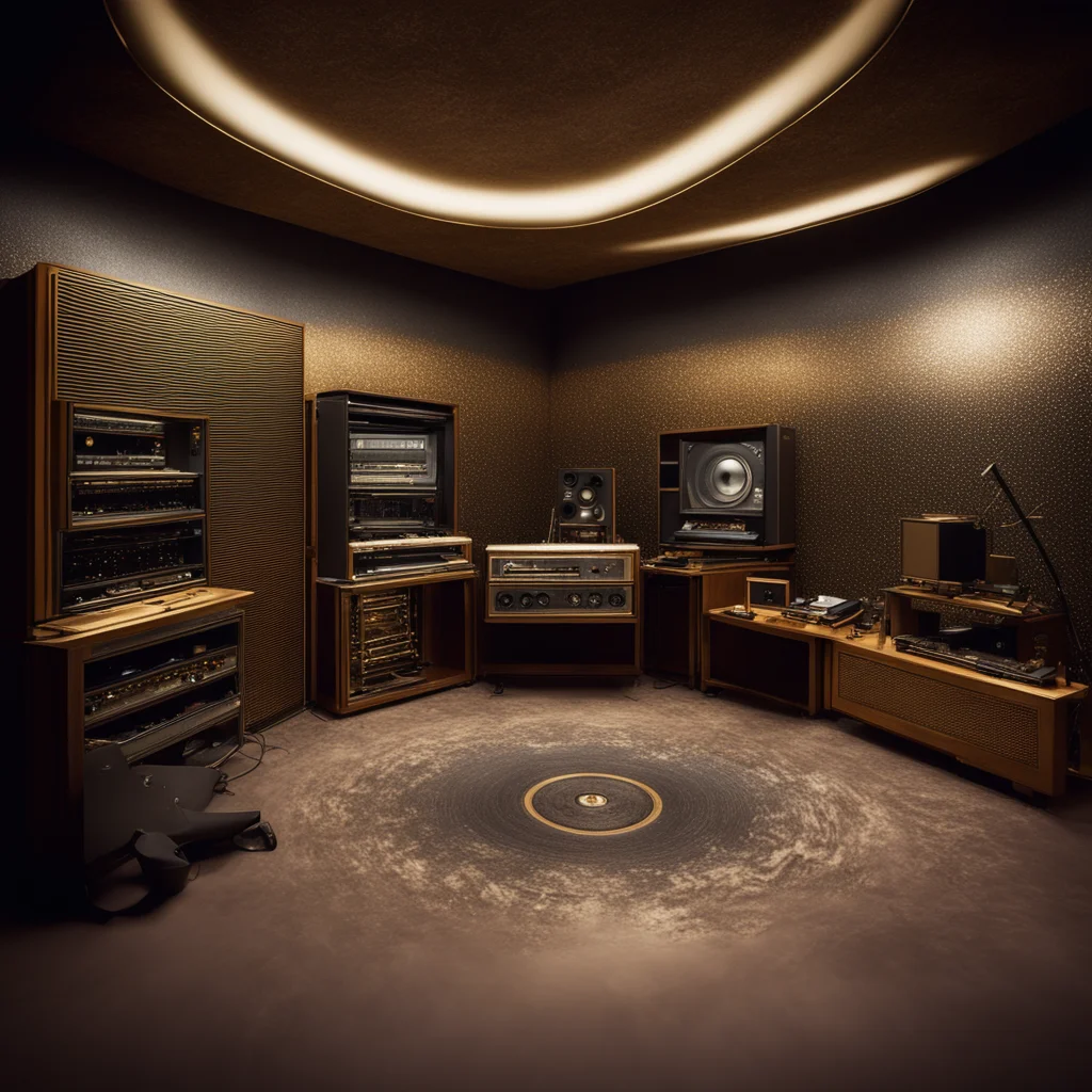 analog tape recording studio interiolight studrendu 3D octane contrast and dust with mother of pearl and gold inlay post