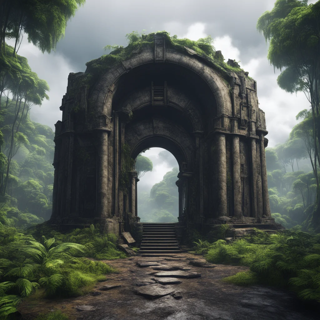 ancient black Iron vault on a planet old rundown ruin looking rain forest landscape cloudy background ultra detail unrea