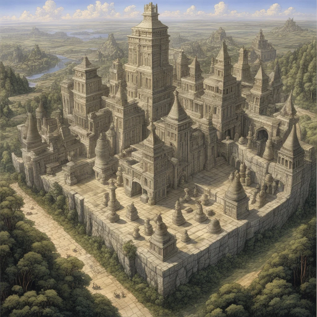 ancient city made of chess by johfra bosschart and Larry Elmore detailed perspective view