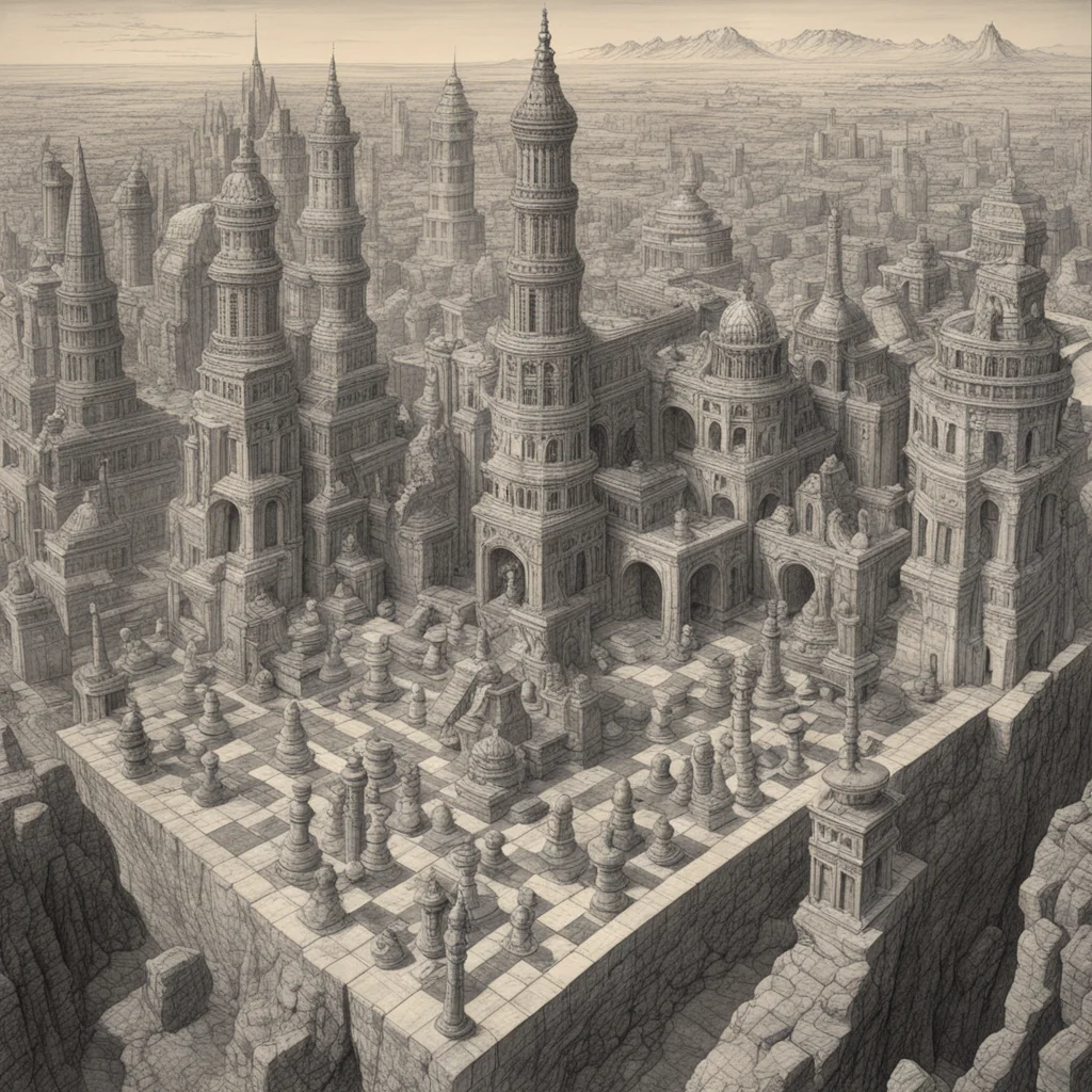 ancient city made of chess by johfra bosschart and Wayne Barlowe detailed perspective view