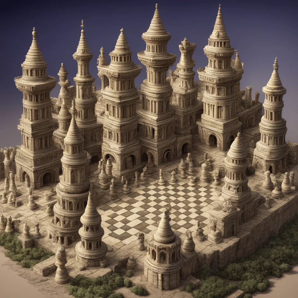 ancient city made of chess by justin gerard detailed perspective view