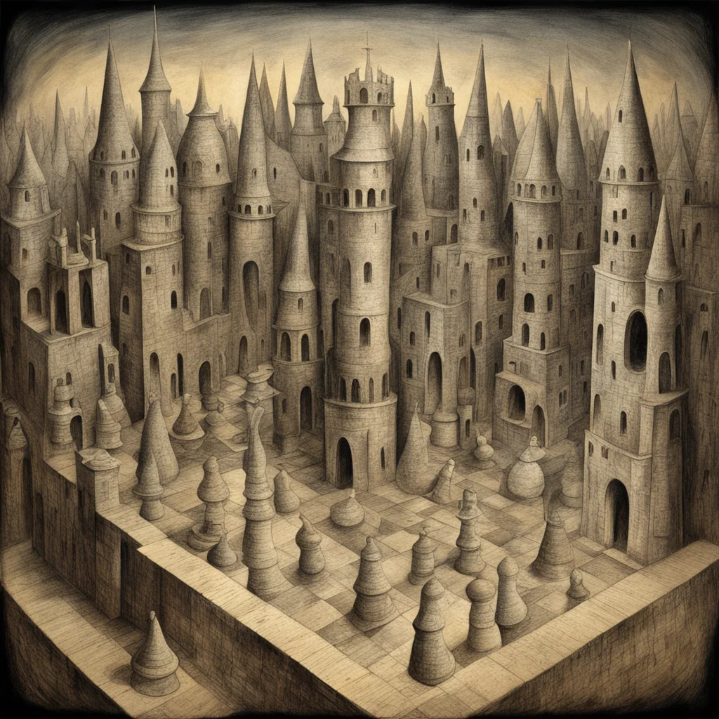 ancient city made of chess by remedios varo detailed perspective view