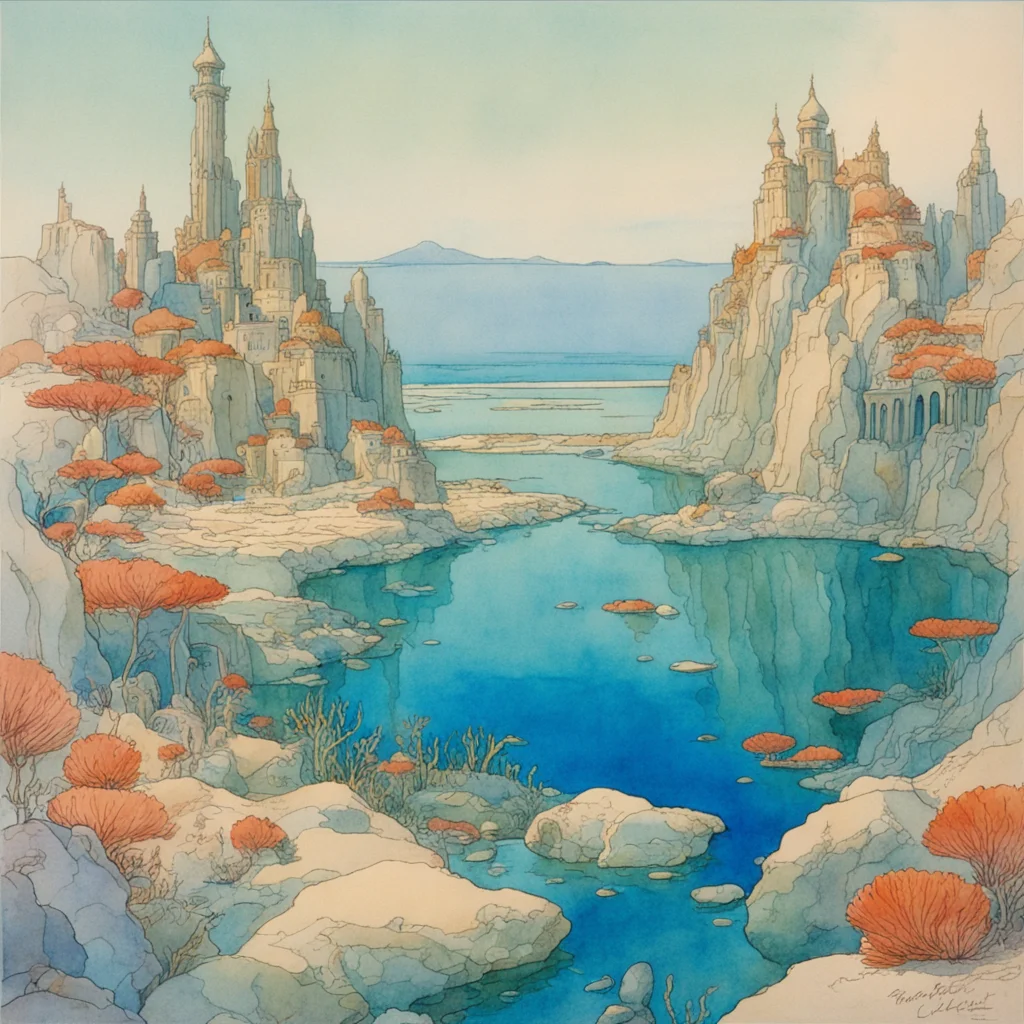 ancient city on a coral reef moebius mucha watercolor w 1024 h 1792