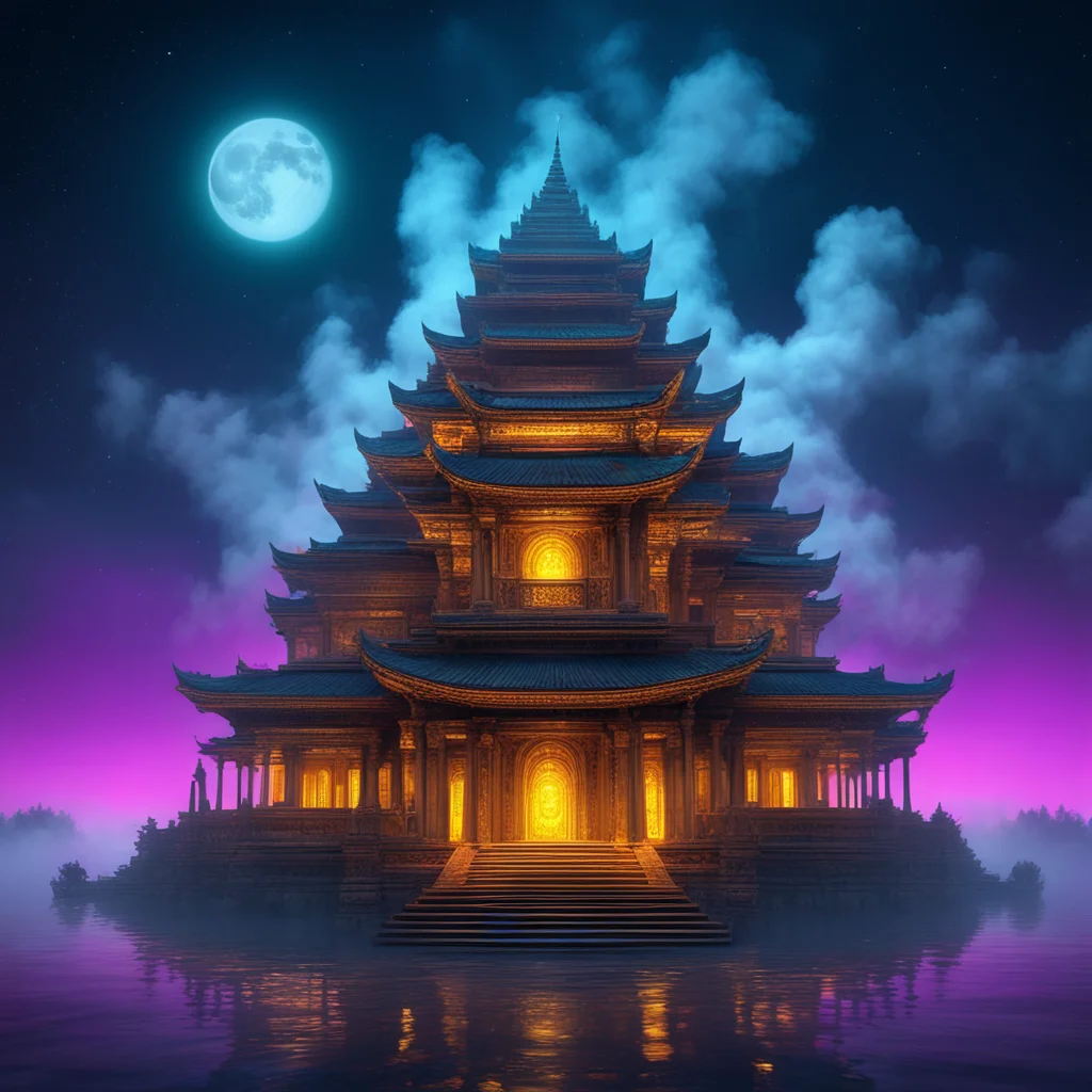 ancient fururistic magnificient multi leveled imaginative ornate floating temple by night mist smoke colorful lights moo