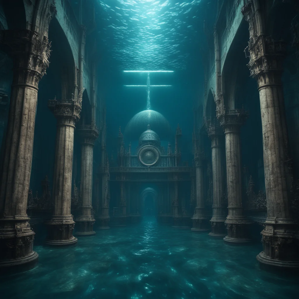 ancient gothic submarine cathedral under the seaatmospheric chaotic ultrarealistic highly detailed cinematic Panavision 