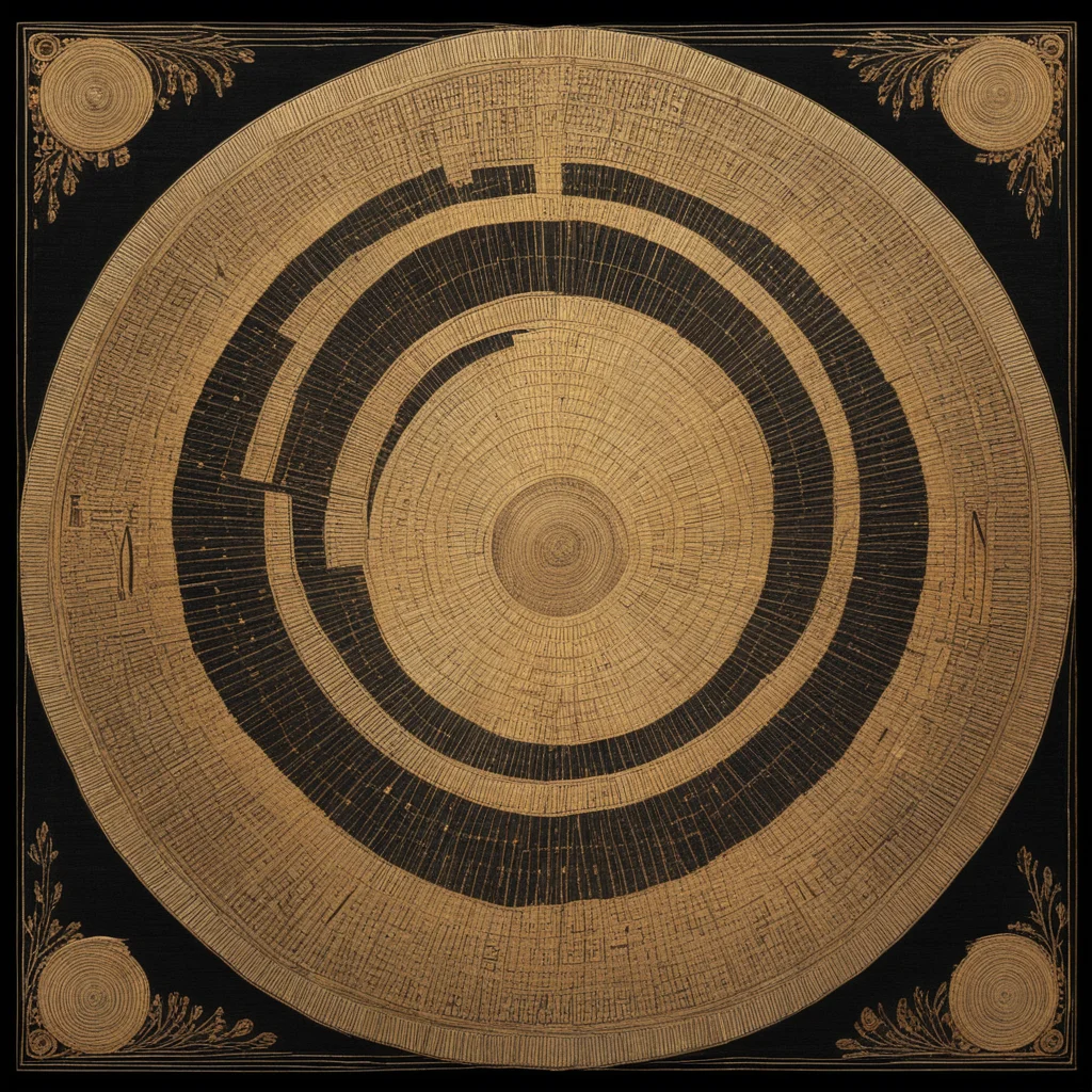 ancient papayrus with golden circle on black surrouned by intricate conlang writing system in gold